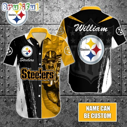 Personalize Pittsburgh Steeler Special Half Tone Mascot Hawaiian Shirt