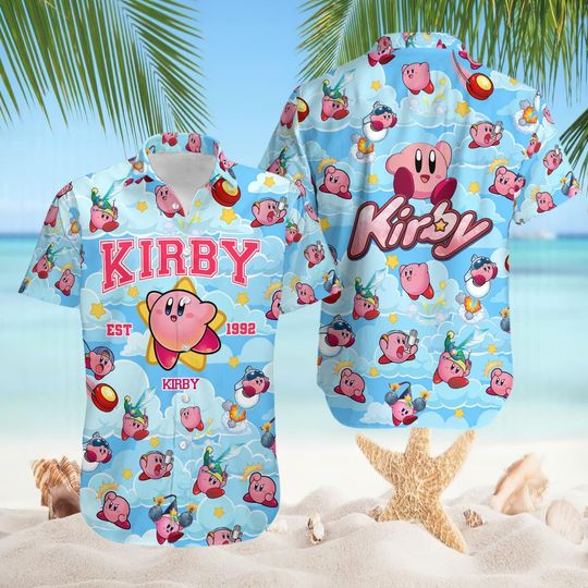 Kirby Hawaiian Shirt, Pink Kirby Hawaiian Shirt, Kirby Video Game Family Vacation Shirt, Kirby Birthday Short Sleeve Shirt