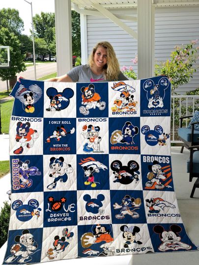 football Denver Broncoss Navy Blue White Quilt Blanket