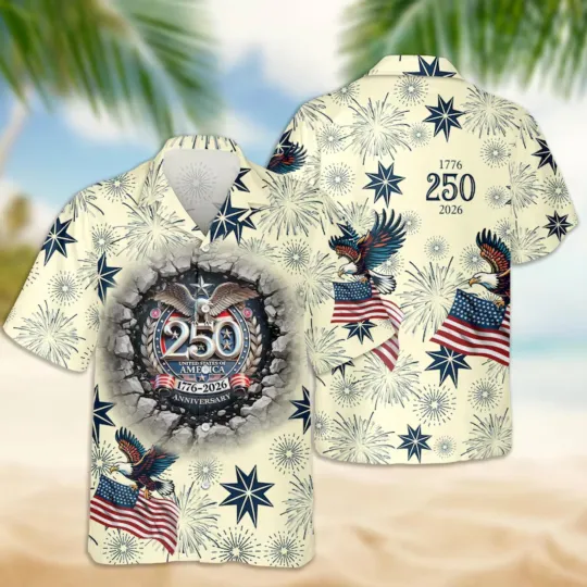 USA 250th Anniversary Hawaiian Shirt Patriotic Eagle 1776-2026 Button Up