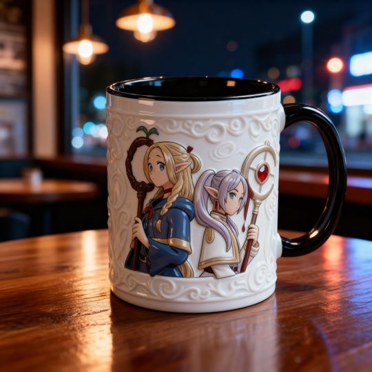 3D Embossed Fantasy Anime Mug, Mage and Girl Design, Raised Texture Coffee Cup