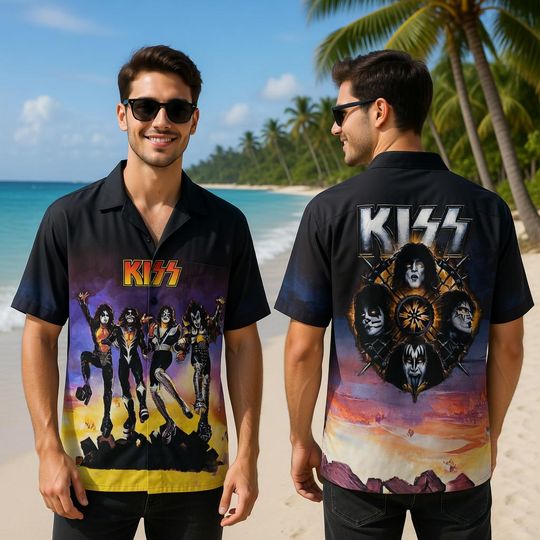 KISS Band Hawaiian Shirt, Fathers Day Gift for Dad, Rock Band Aloha Shirt, Vintage Music Beach Shirt, Summer Vacation Outfit