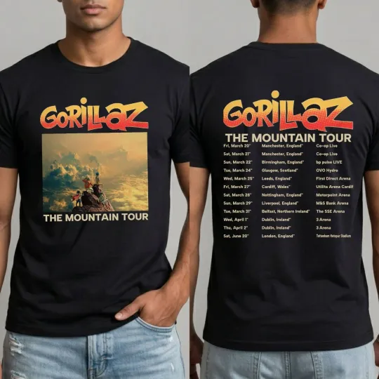 2 Sides Gorillaz Band The Mountain Tour 2026 Cotton Black All Size T Shirt BT892