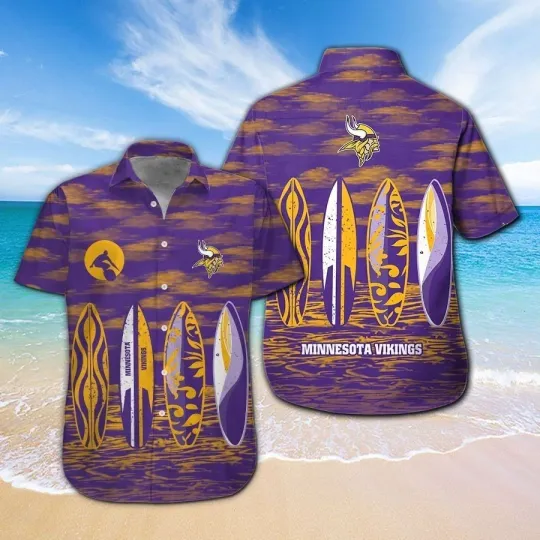 Minnesota Vikings Tropical Surfing Waves Palm Tree Summer Aloha Hawaiian Shirt