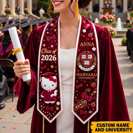Custom Graduation Stole for Class of 2026 with Kawaii Pink Cat Design