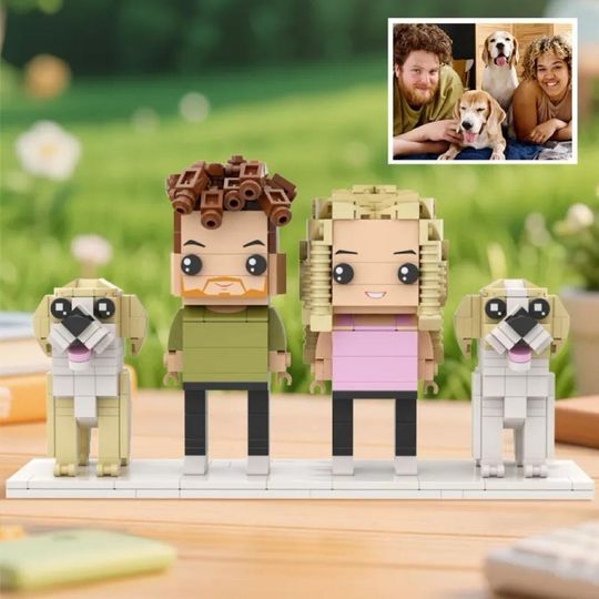 Custom Brick Couple with 2 Dogs: Personalized Building Block Family Keepsake