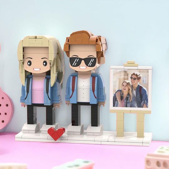 Custom Brick Couple with Photo Frame, Personalized Anniversary Gift