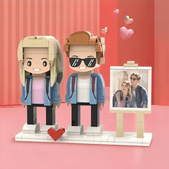 Discover Custom 2 Person Brick Figures with Engraved Frame, Personalized Building Block Gift
