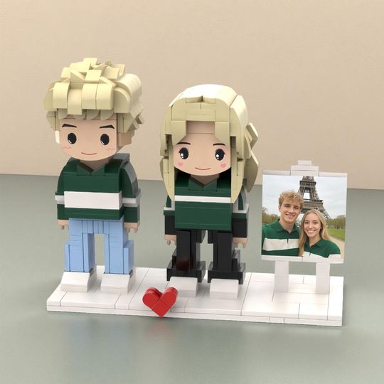 Custom 2 Person Brick Figures with Easel Frame, Personalized Building Block, Brick Me Figure, Photo Puzzle Toy, Keepsake for Couples Friends