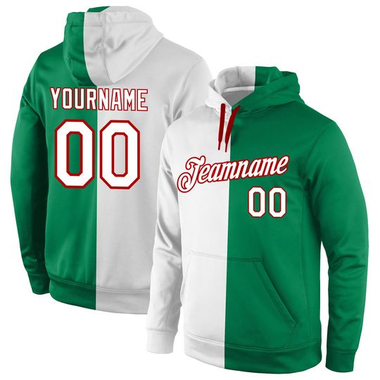 Custom Kelly Green White-Red Split Fashion Sports Pullover Hoodie