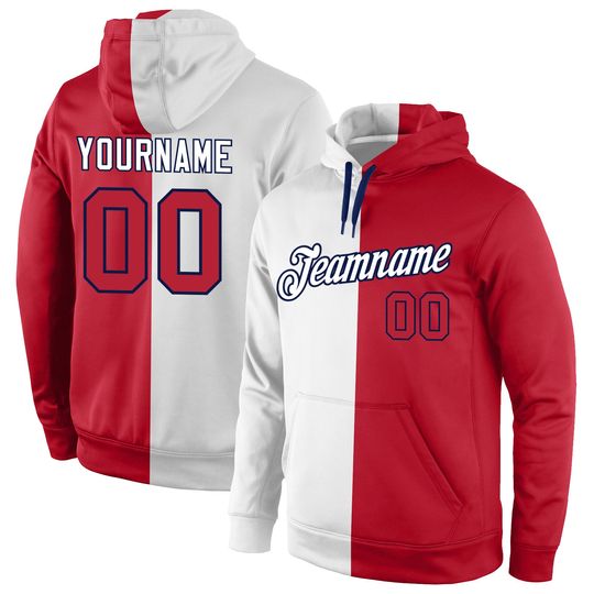 Custom White Red-Navy Split Fashion Sports Pullover Hoodie
