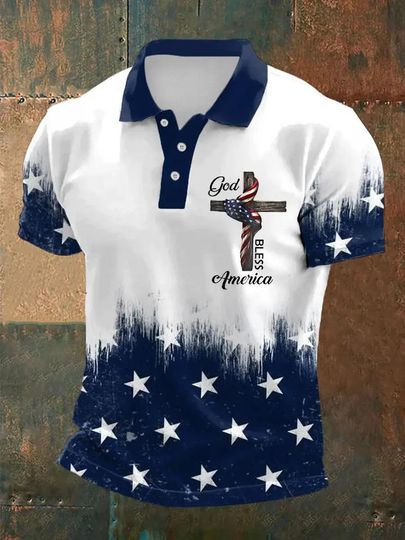 God Bless America Cross Polo Shirt Patriot USA Flag Christian Apparel