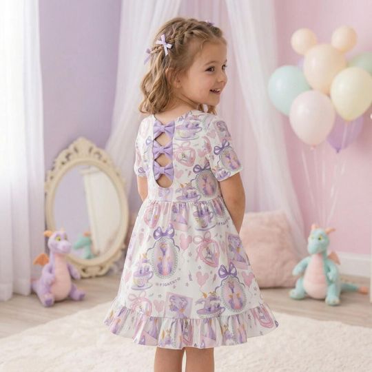 Creative Figment Dragon Watercolor Bowtie Back Dress Kids, EPCOT Festival of the Arts Birthday Outfit, Purple Imagination Wear 2026