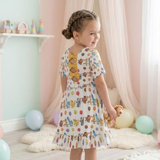 Playful Lion King Balloon Bowtie Back Dress kids, Simba Friends Colorful Pattern, Wild One Birthday Vacation Outfit 2026