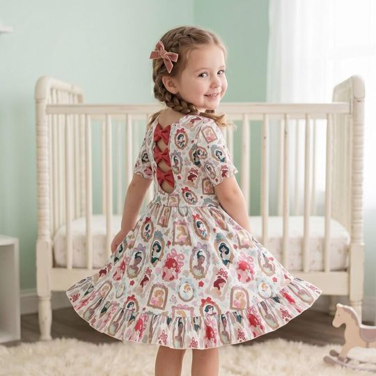 Enchanted Vintage Princess Portrait Bowtie Back Dress kids, Classic Fairytale Character Frame Pattern, Princess Marathon Outfit 2026