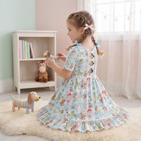 Vibrant Toy Story Blue Gingham Bowtie Back Dress kids, Woody Buzz Friend Pattern, Pixar Day at Sea Birthday Outfit 2026