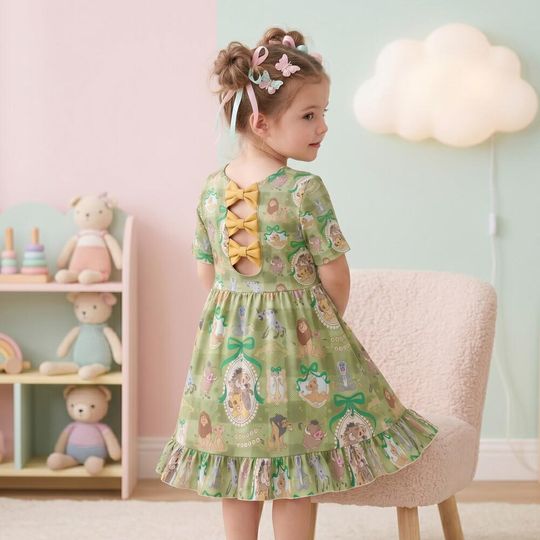 Adventurous Lion King Safari Bowtie Back Dress kids, Green Plaid Character Frame Pattern, Animal Kingdom Birthday Outfit 2026