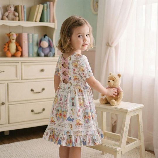 Classic Winnie the Pooh Bowtie Back Dress Kids, 100th Anniversary Mirror Coquette Birthday Outfit, Pooh and Friends Garden Wear 2026