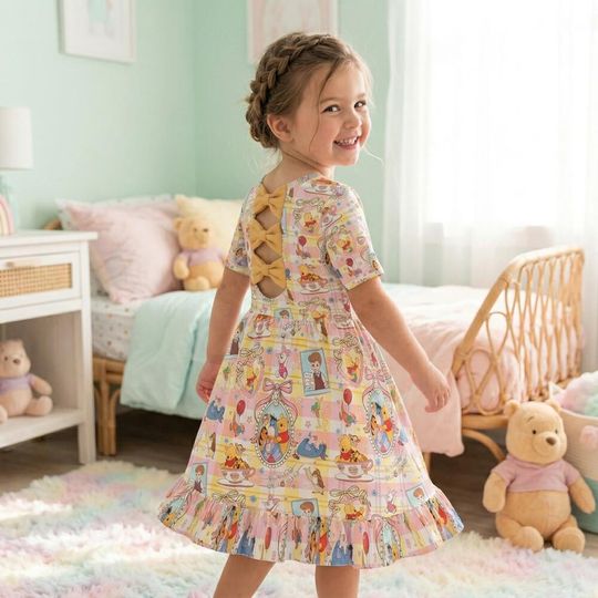 Classic Winnie the Pooh Bowtie Back Dress Kids, 100th Anniversary Plaid Birthday Outfit, Pooh and Friends Garden Wear 2026
