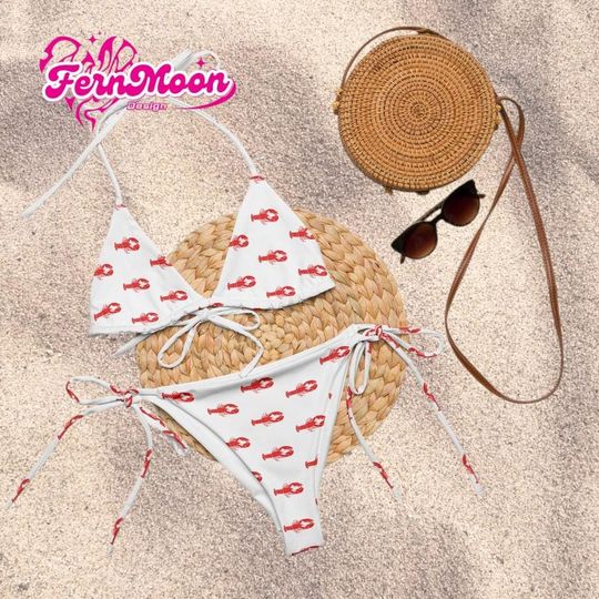 Lobster Print Triangle Bikini Set, Cute Lobster String Bikini, Coastal Summer Swimsuit, Beach Vacation Swimwear for Women