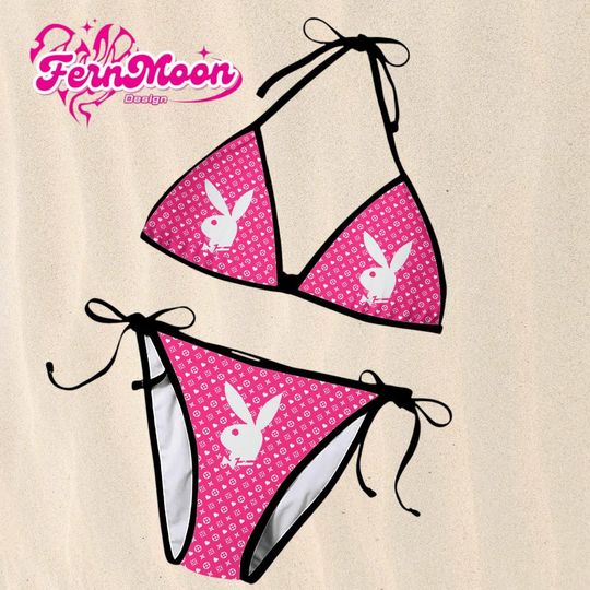 Pink Bunny Pattern String Bikini, Cute Two Piece Swimsuit, Kawaii Style Bikini Set, Sexy Triangle Bikini, Summer Beach Swimwear