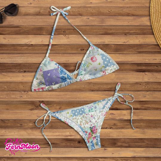 Custom Patchwork Bikini Set, Floral String Two Piece Swimsuit, Personalized Triangle Bikini, Retro Cottagecore Swimwear, Boho Beachwear Gift