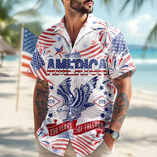 America 250 Years of Freedom Hawaiian Shirt, Patriotic US Flag and Eagle Button-Down, 1776-2026 July 4th Gift