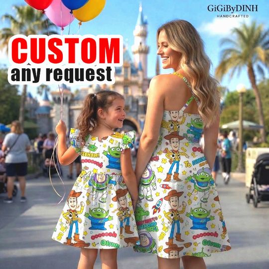 Matching Mom & Daughter Toy Cartoon Dress, Flowy Buzz Woody Print Outfit, Cute Summer Twirl Dresses for Family Days