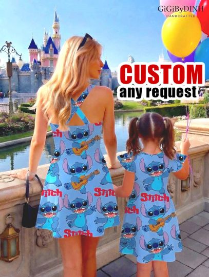 Matching Mom & Daughter Blue Cartoon Dress, Flowy Stitch Print Outfit, Cute Summer Twirl Dresses for Family Outings