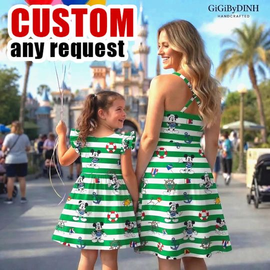 Matching Mom & Daughter Green Stripe Dress with Cartoon Mouse Print, Flowy Summer Outfit, Breathable Fabric, Family Park Look