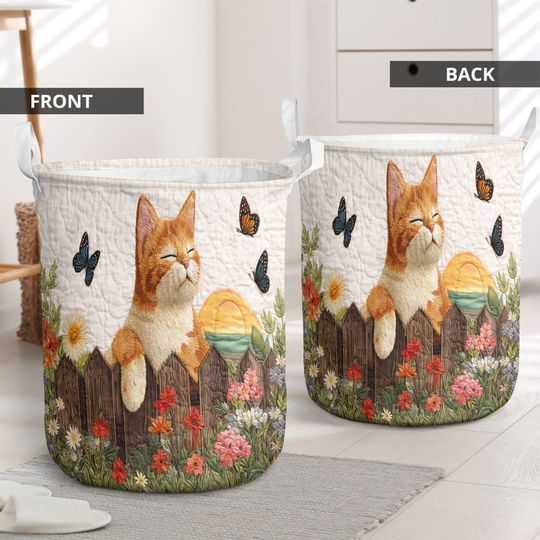 Cozy Ginger Cat Quilted Laundry Basket, Floral Butterfly Fabric Hamper, Cottagecore Boho Home Decor, Family Laundry Basket, Gift For Mom
