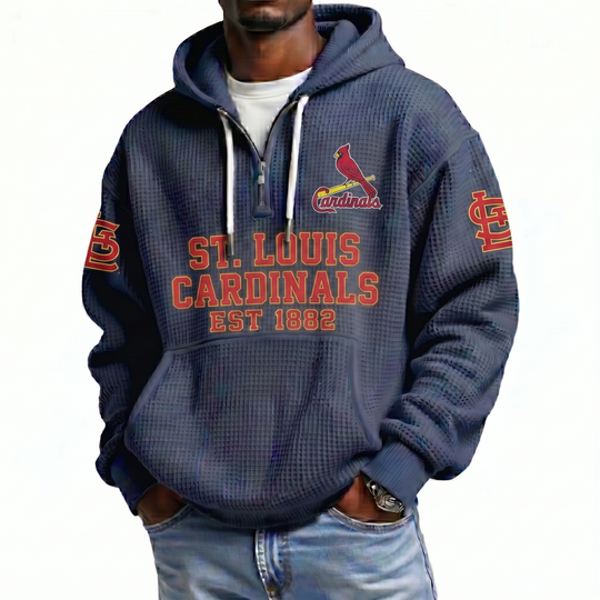 St. Louis Cardinals EST 1882 Printed Waffle Quarter Zip Baseball Fan Hoodie