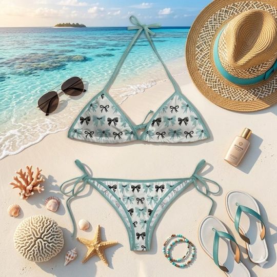 Cute Bow Print Bikini Set, Pastel Triangle String Swimsuit, Kawaii Coquette Swimwear, Girly Summer Beach Bikini