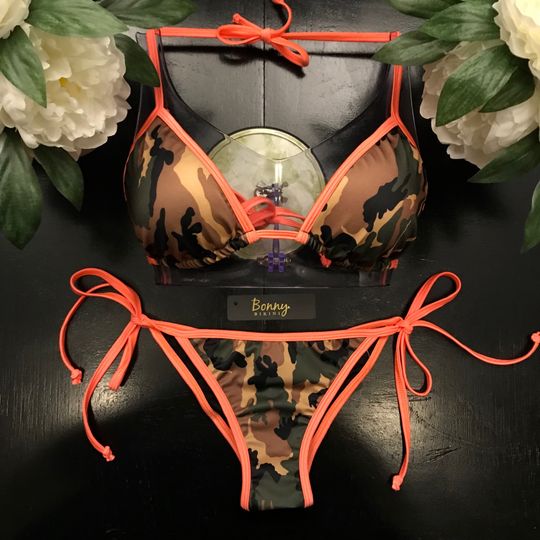 Camo String Bikini Swimsuit with Pads – Cheeky or Regular Coverage