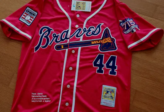 NEW! RED! Atlanta Braves #44 Hank Aaron 2patches sewn SPECIAL EDITION Jersey XL