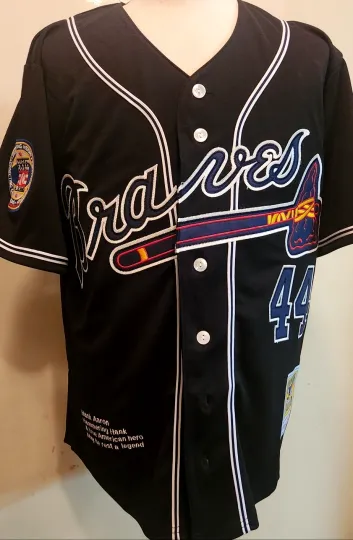 NEW Black Atlanta Braves #44 Hank Aaron 2patches sewn SPECIAL EDITION Jersey XXL