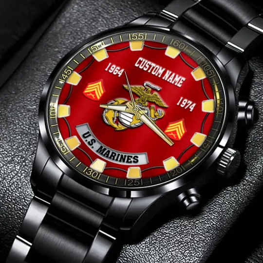 Personalized US Marine Corps Black Stainless Steel Watch For Men