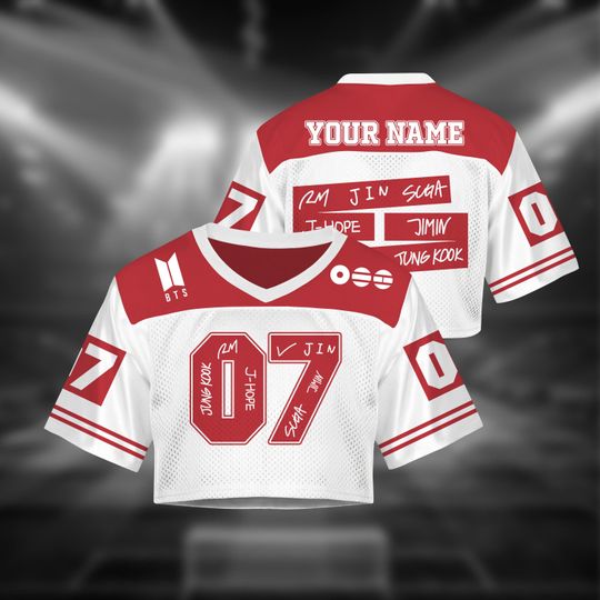 BTS Custom Name Crop Top Jersey, Kpop Football Shirt Red White, Personalized Number Shirt, ARMY Outfit, BTS Fan Merch, Concert Outfit Top