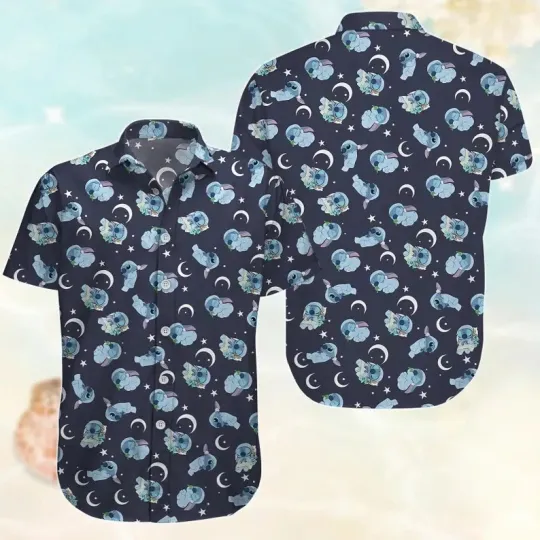 Discover Disney Stitch Sleepy Night Summer Disneyland Vacation Aloha Hawaiian Shirt