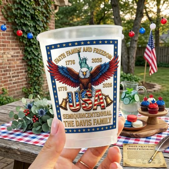 Personalized USA 250th Anniversary Plastic Cup, Custom Semiquincentennial Patriotic Design, 1776-2026 Family Name Party Cup