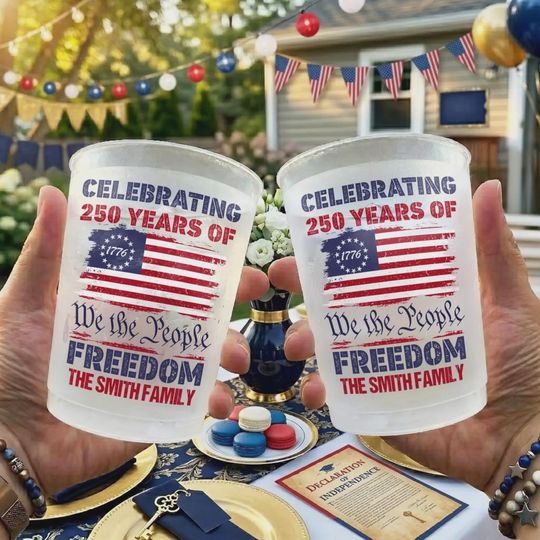 Personalized 250th Anniversary USA Cups 1776-2026, Custom Patriotic Plastic Cups, July 4th Party Decor Family Name Freedom Cups