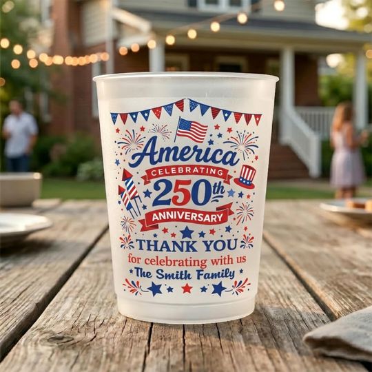 America 250th Anniversary Cup, Patriotic Party Favor, Custom Family Name Cup, Independence Day Celebration Drinkware, Red White Blue
