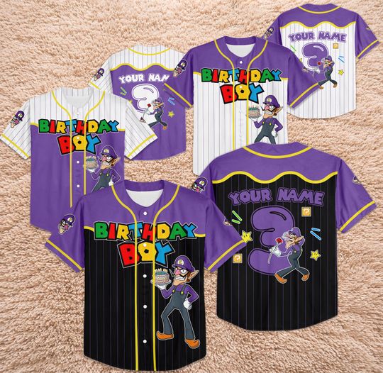 Custom Waluigi Birthday Baseball Jersey, Personalized Super Mario Villain Shirt