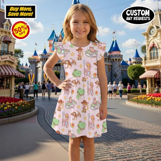 Playful Balloon Print Ruffle Dress, Toy Story Woody Buzz Outfit, Pixar Fest Costume, Andy's Room Birthday Gift Toddler Girl Trip