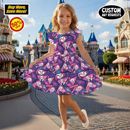 Spider Gwen Spidey Ruffle Dress, Gwen Stacy Spidey Flutter Sleeve Dress, Superhero Movie Dress, Spider Fans Dress For Girls