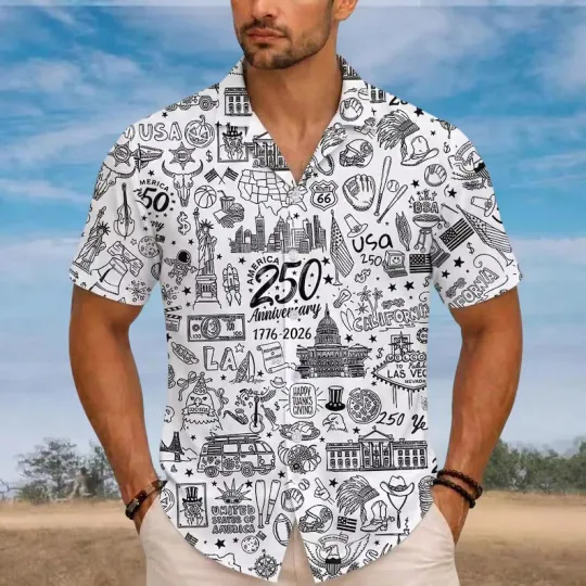 America 250 Anniversary Doodle Hawaiian Shirt, 1776-2026 US History Icons Button