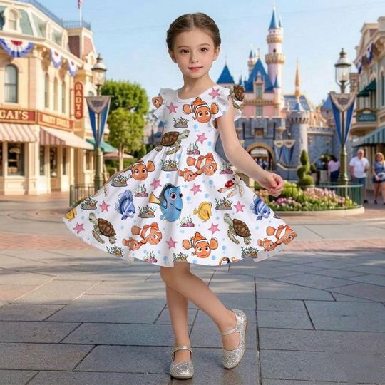 Finding Nemo Print Ruffle Dress, Nemo Dory Outfit, Pixar Fest Costume, Finding Nemo Birthday Gift Toddler Girl Trip
