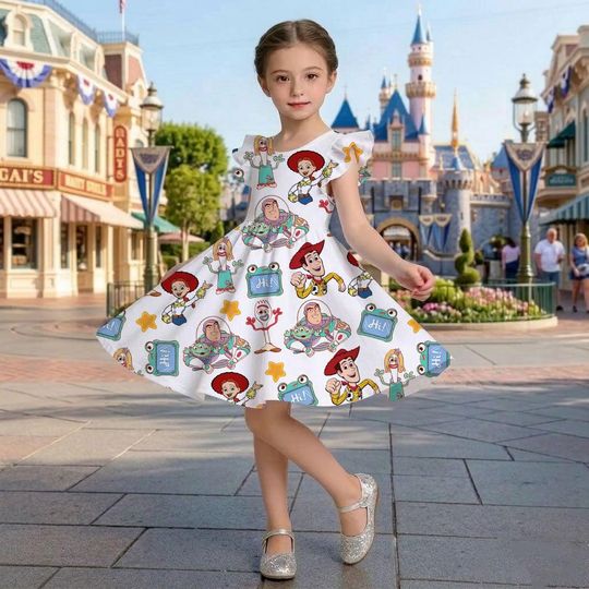 Balloon Print Ruffle Dress, Toy Story 5 Woody Buzz Outfit, Pixar Fest Costume, Andy's Room Birthday Gift Toddler Girl Trip