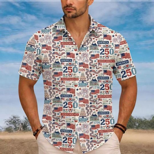 Discover Vintage 1776-2026 USA Button Shirt, 250 Years of Independence Hawaiian Shirt, Patriotic Collage Button Down,American History Gift, USA Pride