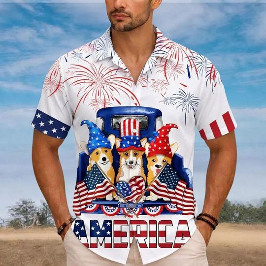 Corgi 4th of July Button Shirt, Patriotic Dog Mom Gift, USA 250th Anniversary Shirt, Corgi Dad Shirt, Independence Day Dog Lovers
